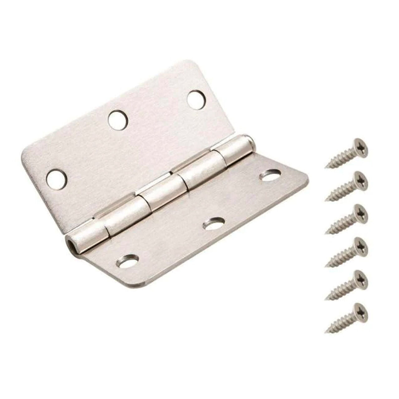 The Go Build 3-1/2 in. (1/4 in. rad.) Round Corner Door Hinge in satin nickel includes five matching screws, offering a sleek finish and durable construction for reliable door performance.